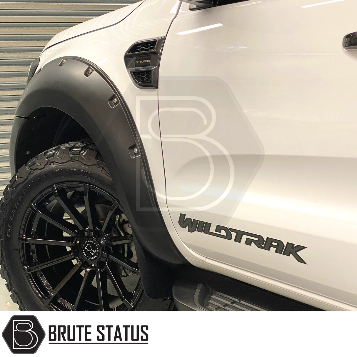 Ford Ranger T8 2019-2022 Raptor style wide arch kit, aggressive black fender flares with cosmetic stainless steel fasteners for a wider pickup stance.
