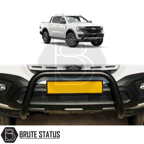 Ford Ranger 2023 ON Bull Bar (Nudge Bar) Matt Black installed on truck, showcasing its sleek design and protective function, ideal for enhancing your vehicle's look.