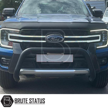 Ford Ranger 2023 ON Bull Bar (Nudge Bar) Matt Black installed on truck, showcasing its sleek design and protective function, ideal for enhancing your vehicle's look.