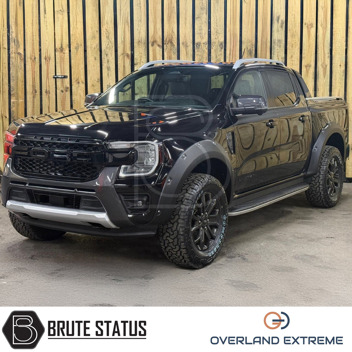Front and rear smooth slightly textured matte black riveted style arch kit fitted to Ford Ranger 2023+ pickup truck offroad 4x4 vehicle. Suitable for overlanding set ups and additional protection, all fittings needed for install.