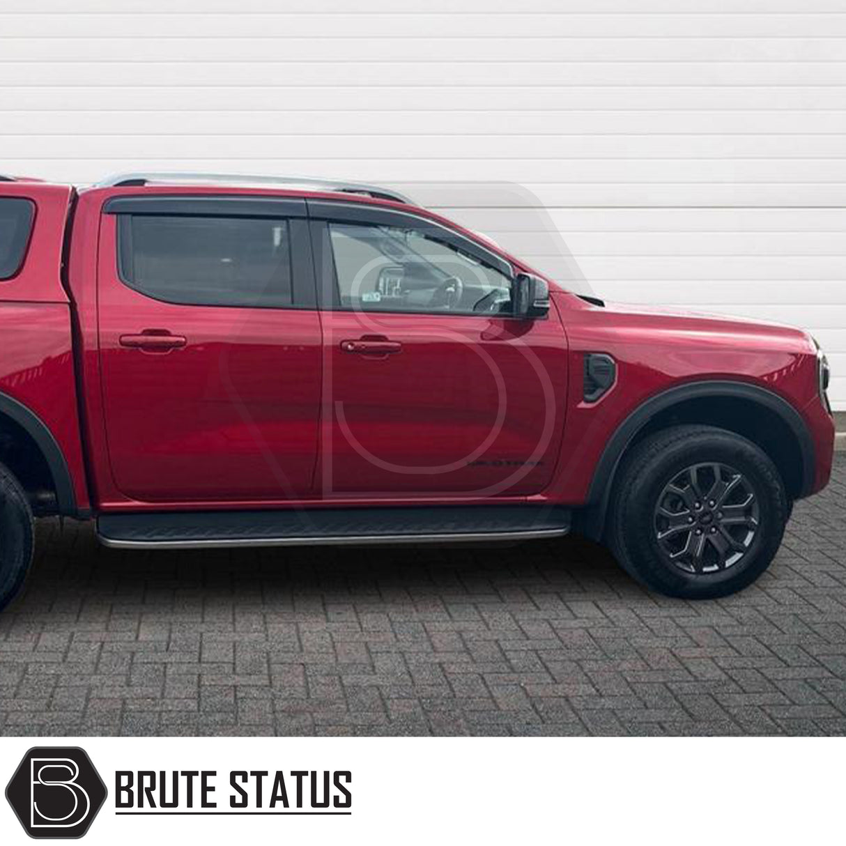 Ford Ranger T9 2023+ Wind Deflectors on a yellow truck, showcasing durable, aerodynamic design with premium acrylic and full-length adhesive for secure attachment.