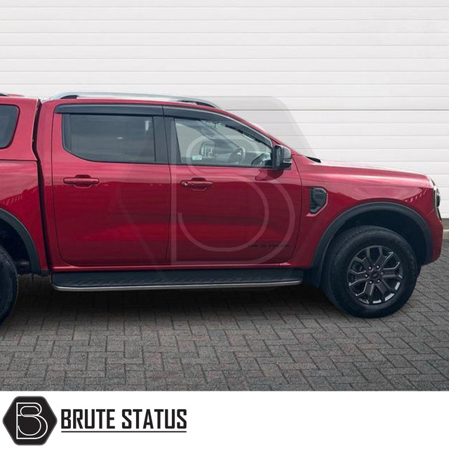 Ford Ranger T9 2023+ Wind Deflectors on a yellow truck, showcasing durable, aerodynamic design with premium acrylic and full-length adhesive for secure attachment.