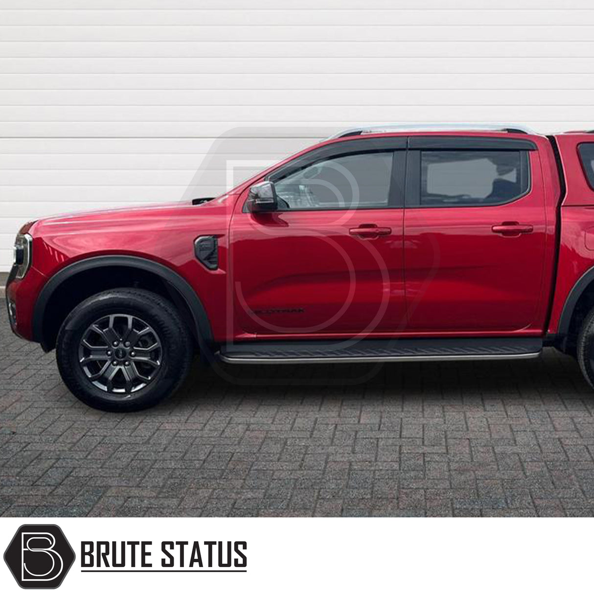 Ford Ranger T9 2023+ Wind Deflectors on a yellow truck, showcasing durable, aerodynamic design with premium acrylic and full-length adhesive for secure attachment.
