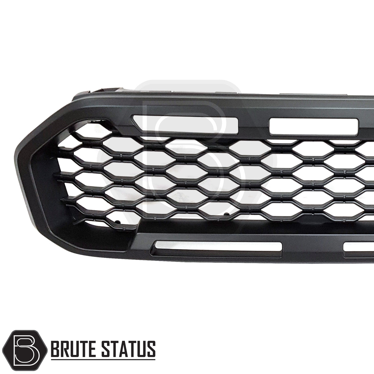 Ford Ranger T8 XL/XLT/Limited (2019-2022) aftermarket grille, black ABS construction, smooth finish, simple installation, enhances aggressive Raptor-style front look, reversible fit.