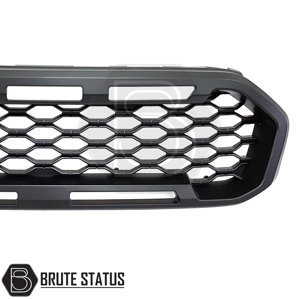 Black ABS front grille for 2019-2022 Ford Ranger T8 non-Wildtrak, Raptor-style design, DIY installation with existing mounting points, compatible with wide body fender flares.