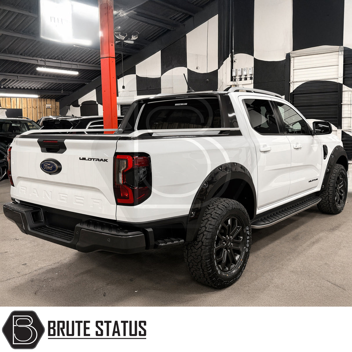 Ford Ranger T9 double cab 2023+ wide arch extensions in gloss black with cosmetic rivets and premium overland styling upgrade