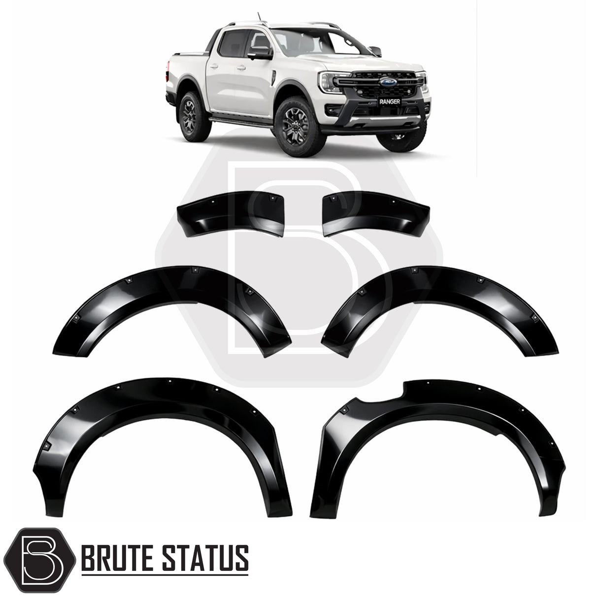 Ford Ranger T9 2023+ wide arch kit gloss black riveted style fender flares for double cab pickup