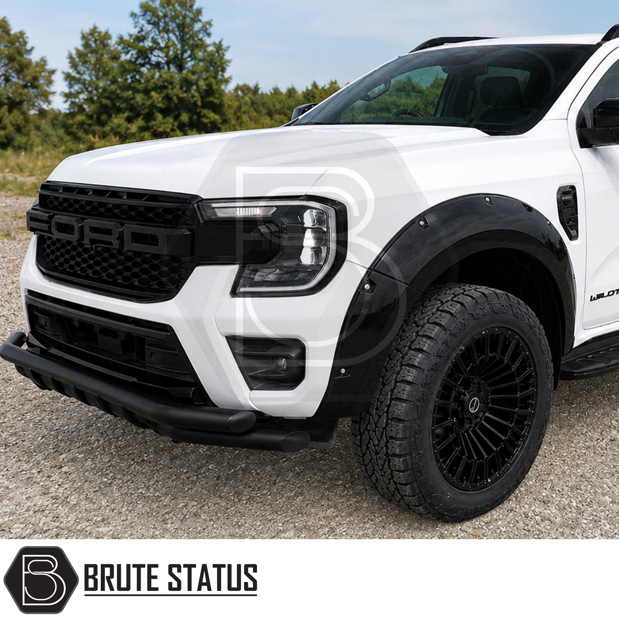 White Ford Ranger T9 2023+ fitted with gloss black riveted wide arch kit inspired by the F150 Raptor design