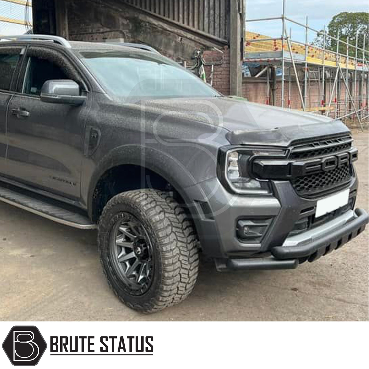 Ford Ranger 2023+ wide wheel arch kit and 35mm hub-centric wheel spacers. Smooth black ABS arches with rubber seal, adding approximately 75–85mm extra width per side, designed with a Raptor-style look. Includes durable 35mm 6061-T6 alloy wheel spacers with pre-installed M12 x 1.5 studs to increase track width and improve stability