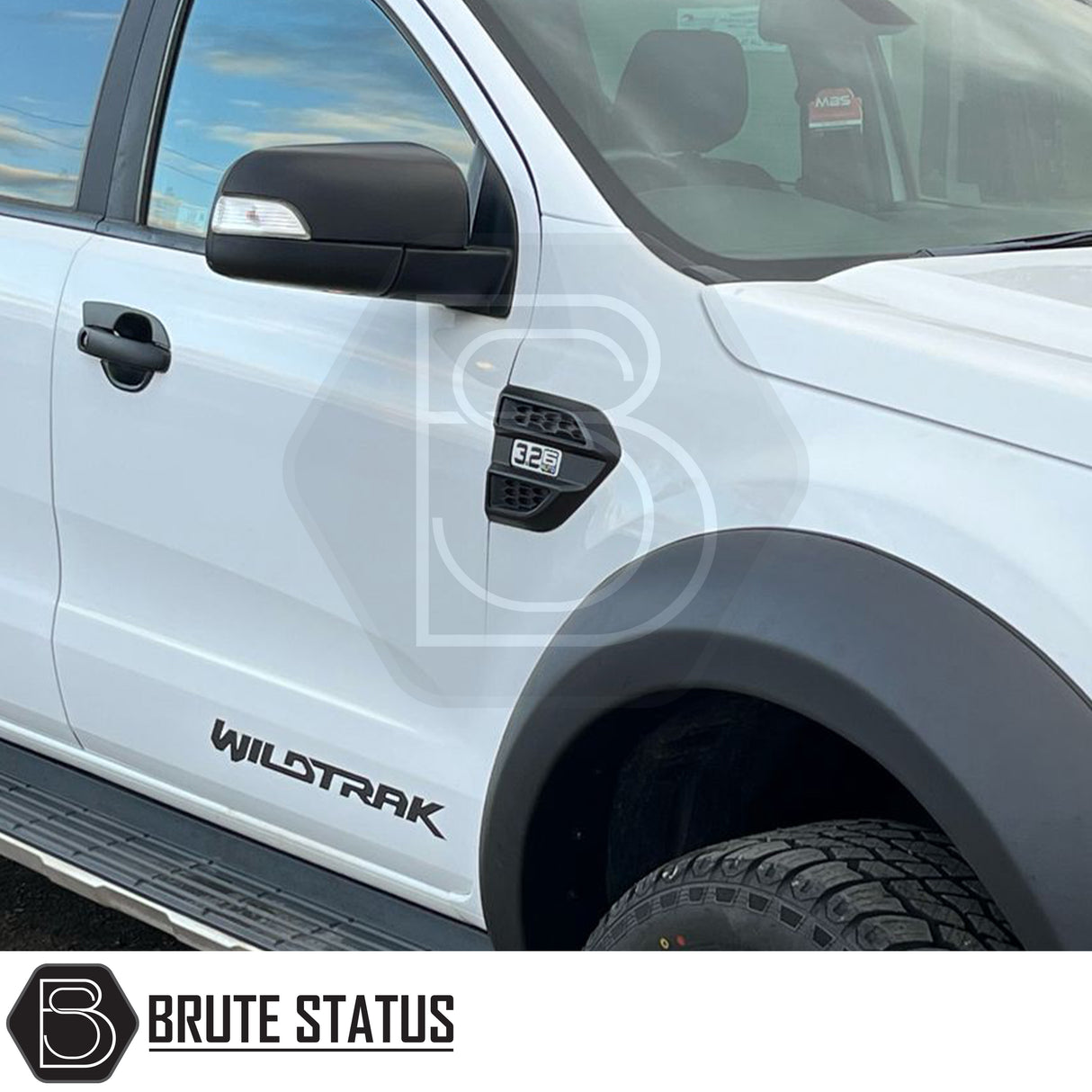 Pair of matte black ABS plastic door mirror covers for 2012–2022 Ford Ranger models with indicator mirrors, featuring pre-applied 3M adhesive for easy, tool-free installation