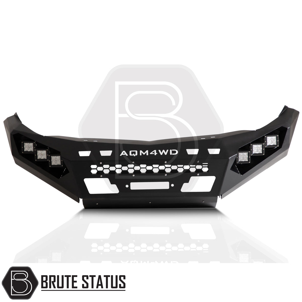 heavy-duty winch front bumper in matte black, carbon steel off-road bumper with LED lights, winch mount and 3.5T towing capacity.