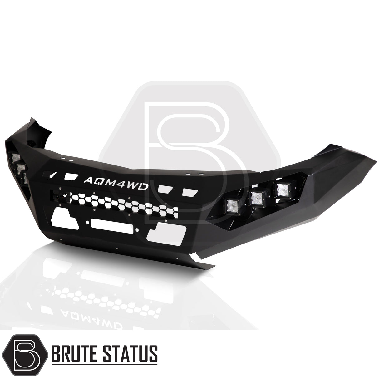 aftermarket winch bumper in matte black, heavy-duty carbon steel front bumper with winch compatibility, LED lights and rugged off-road protection.