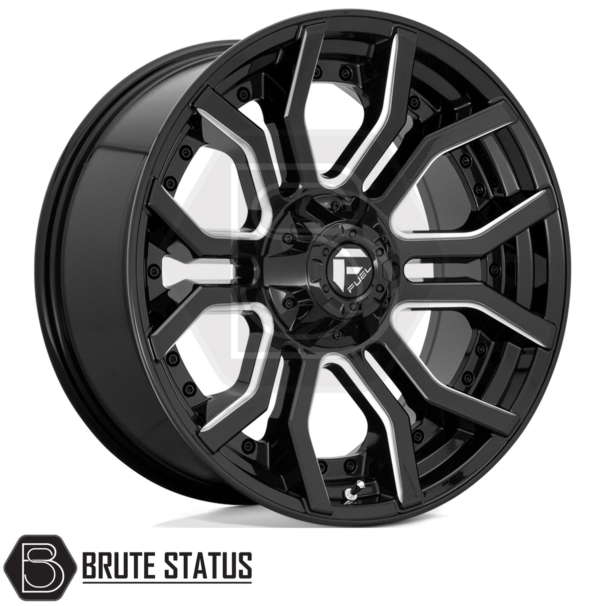 Fuel Rage 20x9 alloy wheel set in brushed gunmetal grey or gloss black milled, heavy-duty off-road wheels for 4x4 vehicles.