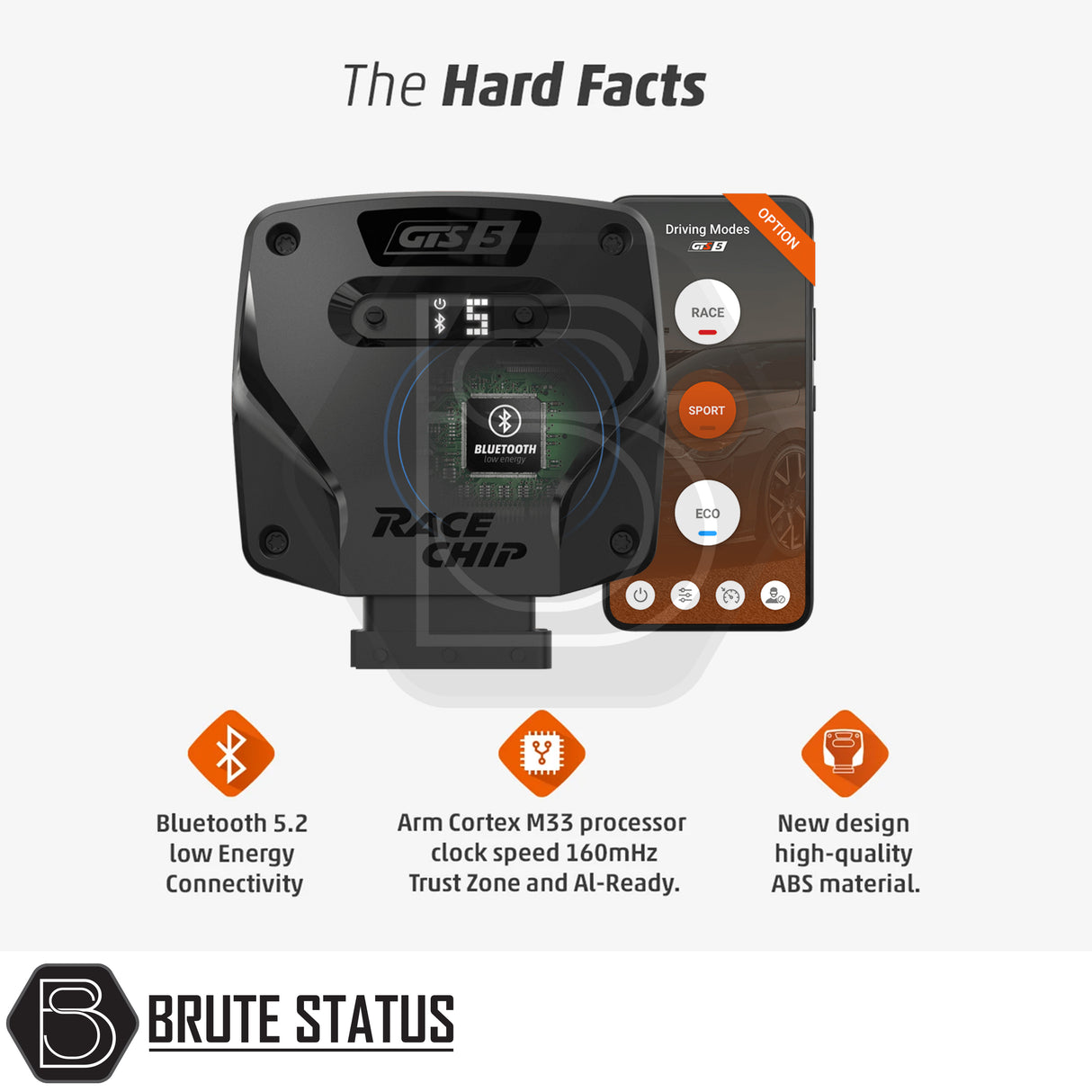 RaceChip GTS 5 tuning module with smartphone showing driving modes, highlighting Bluetooth connectivity, advanced processor, and durable housing for Fiat Fullback 2016-2019 performance upgrade.