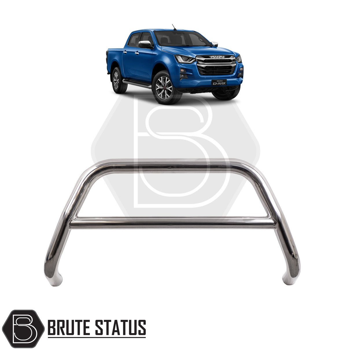 Chrome bull bar fitted to a 2021-2024 Isuzu D-Max, made from durable carbon steel to enhance styling and provide bumper protection, featuring a TÜV-certified, no-drill, DIY installation using chassis-mounted U-brackets.