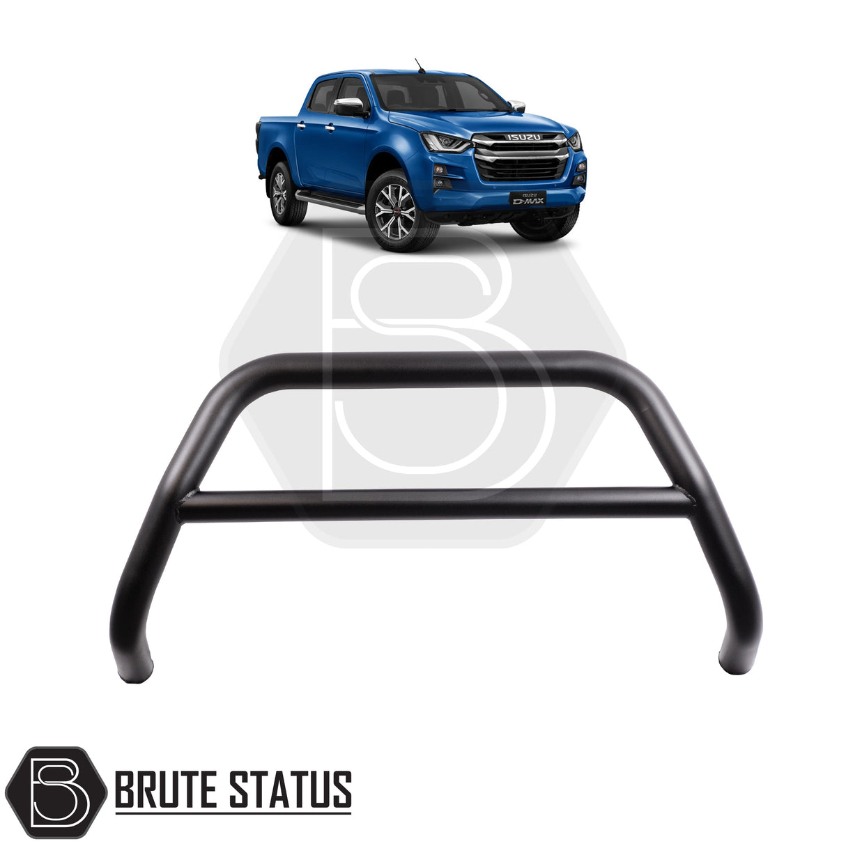 Matte black city bar fitted to a 2021–2024 Isuzu D-Max, made from durable carbon steel to enhance styling and provide bumper protection, featuring a TÜV-certified, no-drill, DIY installation using chassis-mounted U-brackets.