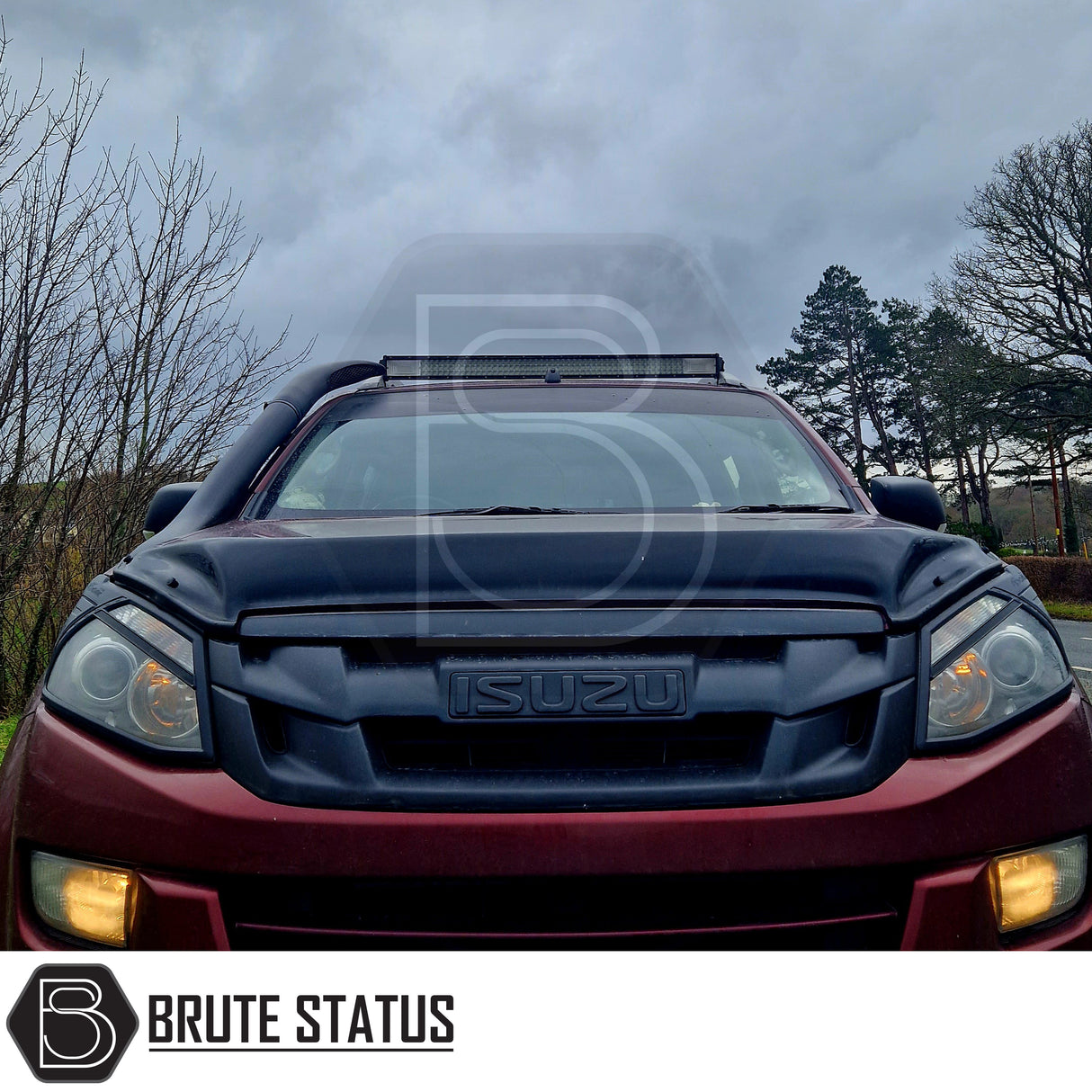 Isuzu D-Max 2013-2016 Bonnet Guard Protector & Window Wind Deflectors Bundle, showcasing a red pickup with aftermarket grille and rooftop LED light bar.