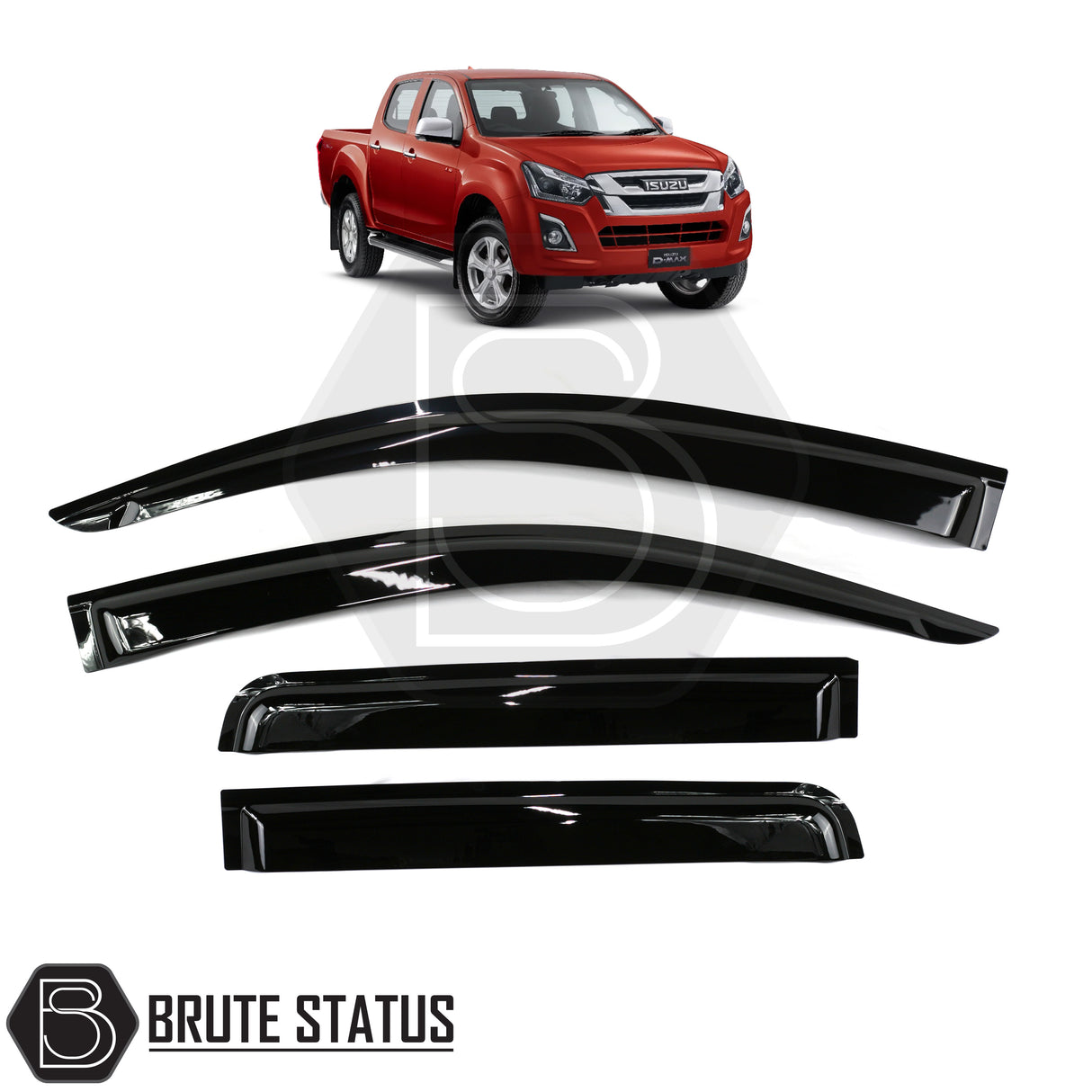 Isuzu D-Max 2012-2021 Window Deflector Sun Shade, a premium black acrylic accessory for improved aerodynamics and rain protection, visible on a vehicle close-up.