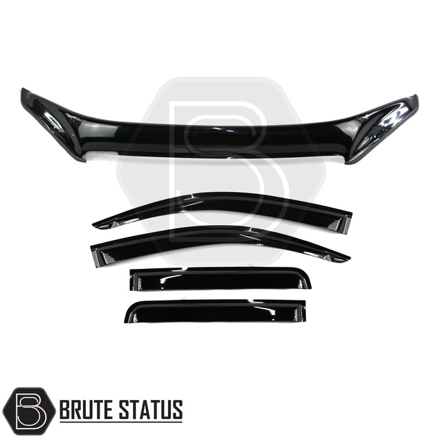 Isuzu D-Max Bonnet Guard and Wind Deflectors Set (2017–2021) – Premium black acrylic bonnet protector and 4-piece wind deflector kit, custom-fit for D-Max, offering stylish all-weather protection and easy installation