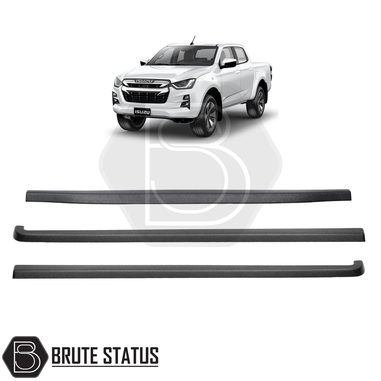 Isuzu D-Max 2021+ load bed rail protector kit – 3-piece ABS plastic set in black, includes left, right, and tailgate protectors with no-drill installation and 3M adhesive tape