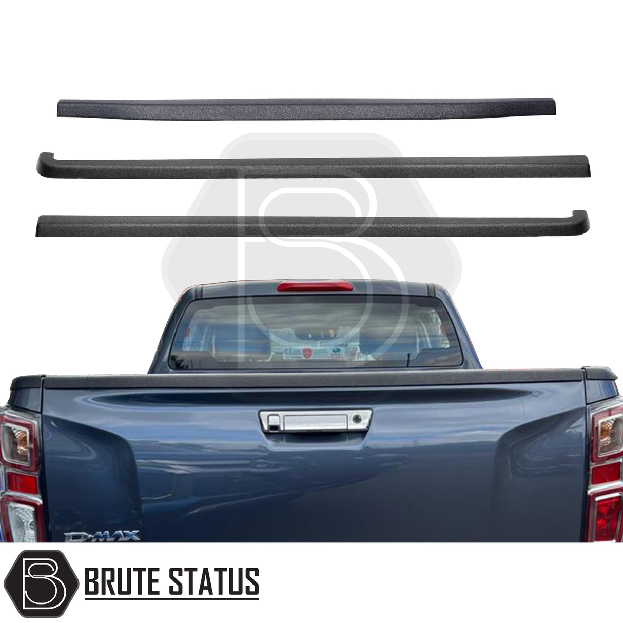 Isuzu D-Max 2021+ load bed rail protector kit – 3-piece ABS plastic set in black, includes left, right, and tailgate protectors with no-drill installation and 3M adhesive tape