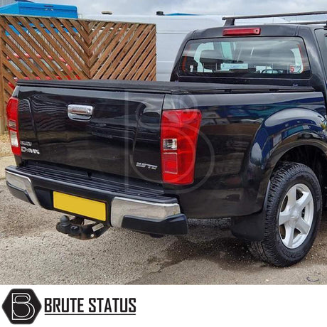 Isuzu D-Max 2012-2021 Tonneau Cover with tri-fold design, shown open, featuring durable UV stable vinyl and enhanced aerodynamics for improved fuel efficiency.