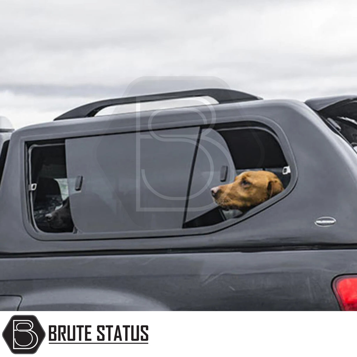 Pickup truck with a Brute Status branded Truckman GLS hardtop canopy, featuring an open sliding window, with a dog's head poking out for ventilation.