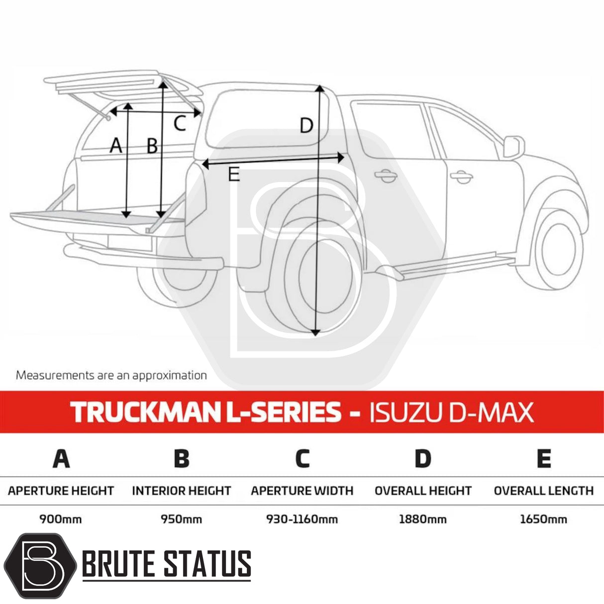 Isuzu D-Max 2012-2021 Truckman L-Series Hardtop Canopy with remote locking, showcasing dimensions and seamless cab-high design for enhanced security and storage.