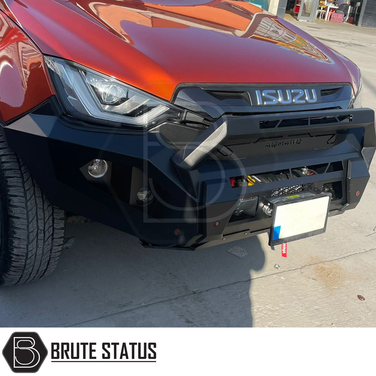 Isuzu D-Max 2021+T50 Heavy Duty Front Bumper, matte black finish, designed for winch installation, enhances truck's rugged look and functionality.