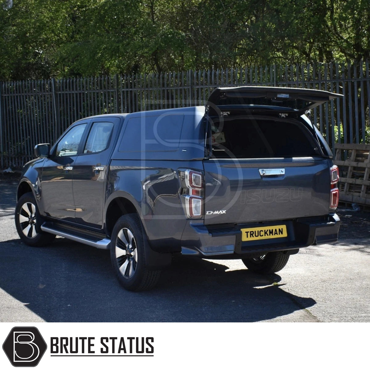 Isuzu D-Max 2025+ Truckman RS hardtop canopy with solid rear window and remote locking, shown open on a parked pickup, emphasizing security and functionality.