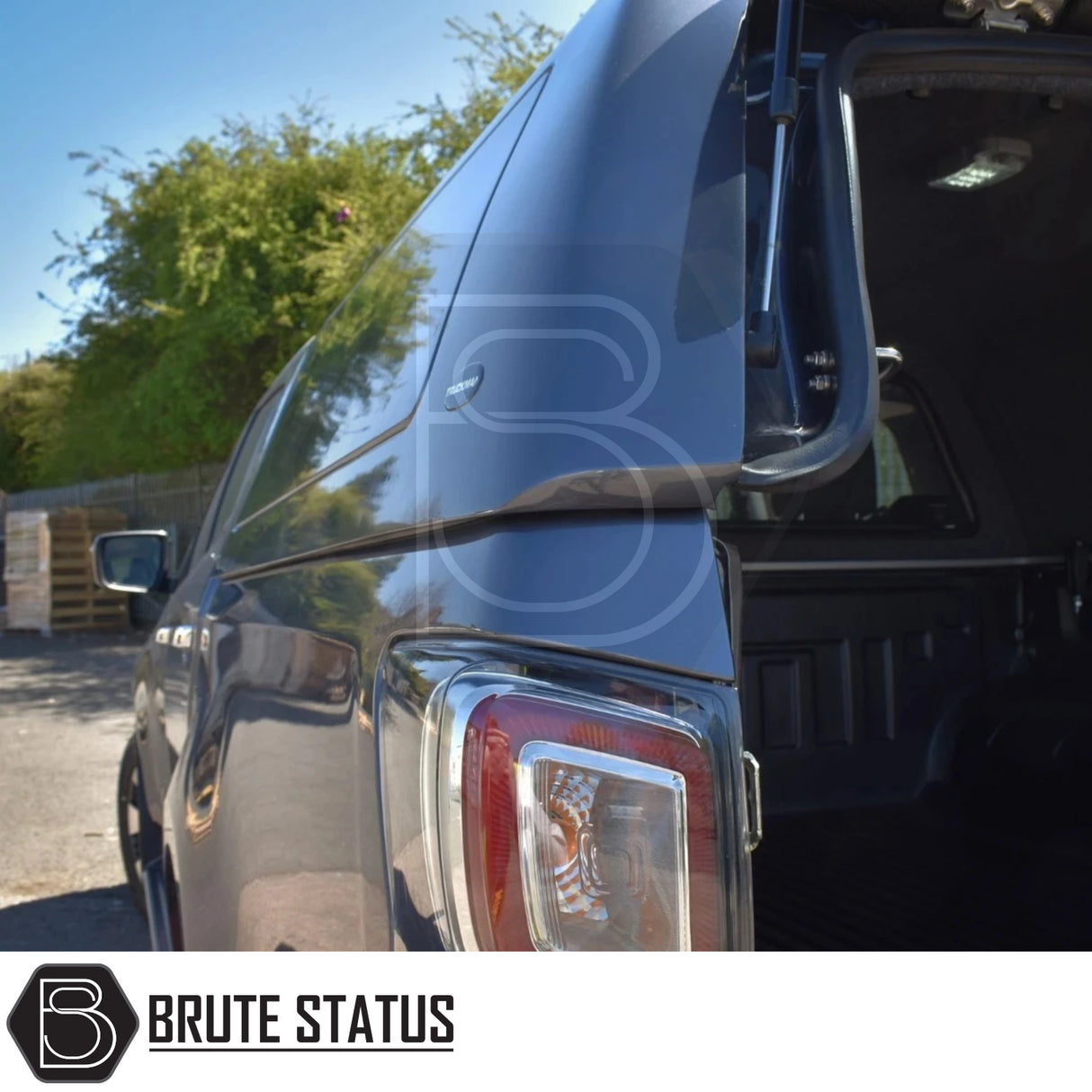 Isuzu D-Max 2025+ Truckman RS Hardtop Canopy with solid rear window, open side door, remote locking, showcasing robust design and security features. Branded by Brute Status.