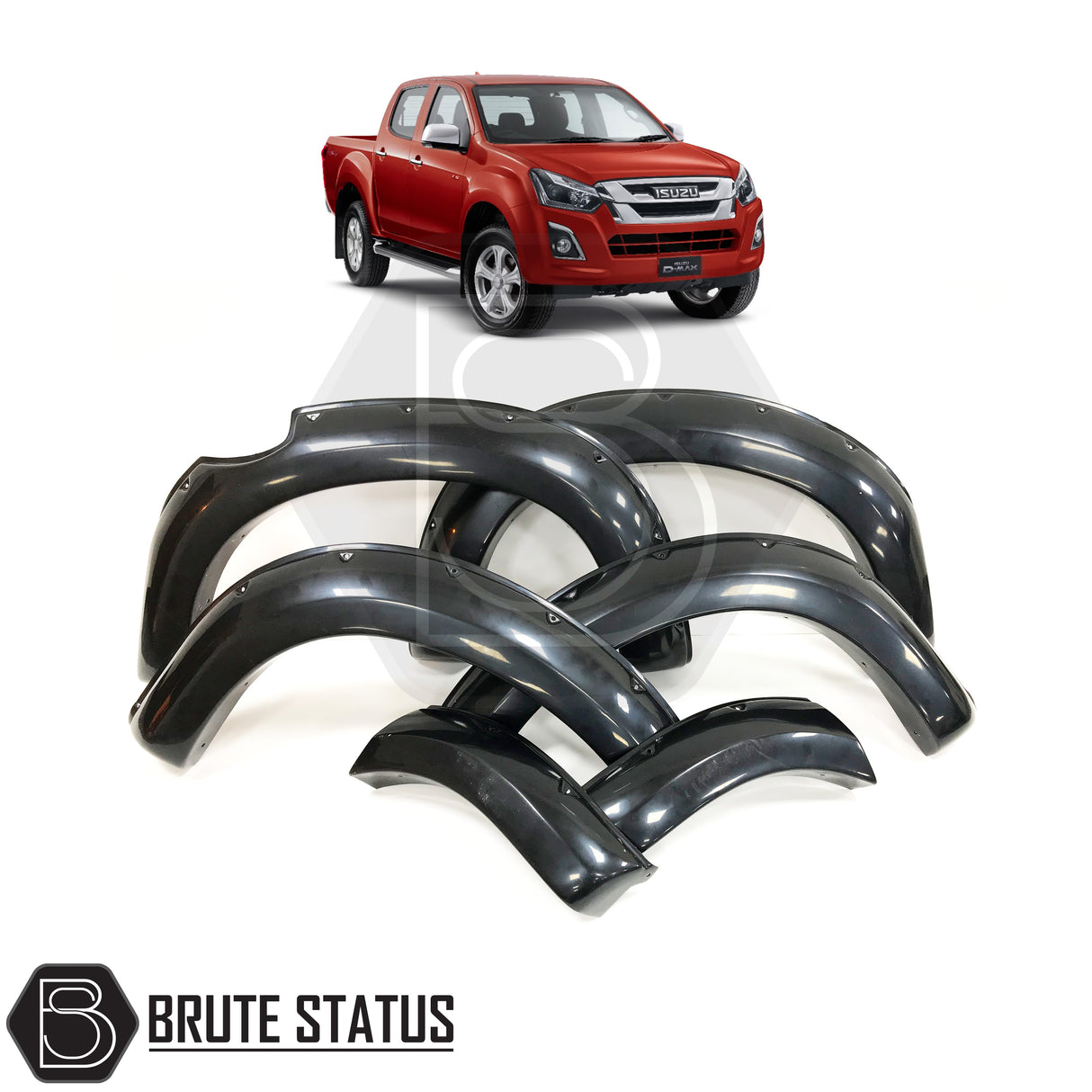 Wide arch kit for Isuzu D-Max 2016-2019, ABS plastic fender flares, smooth black finish, reversible fit, no drilling required, includes all installation hardware.