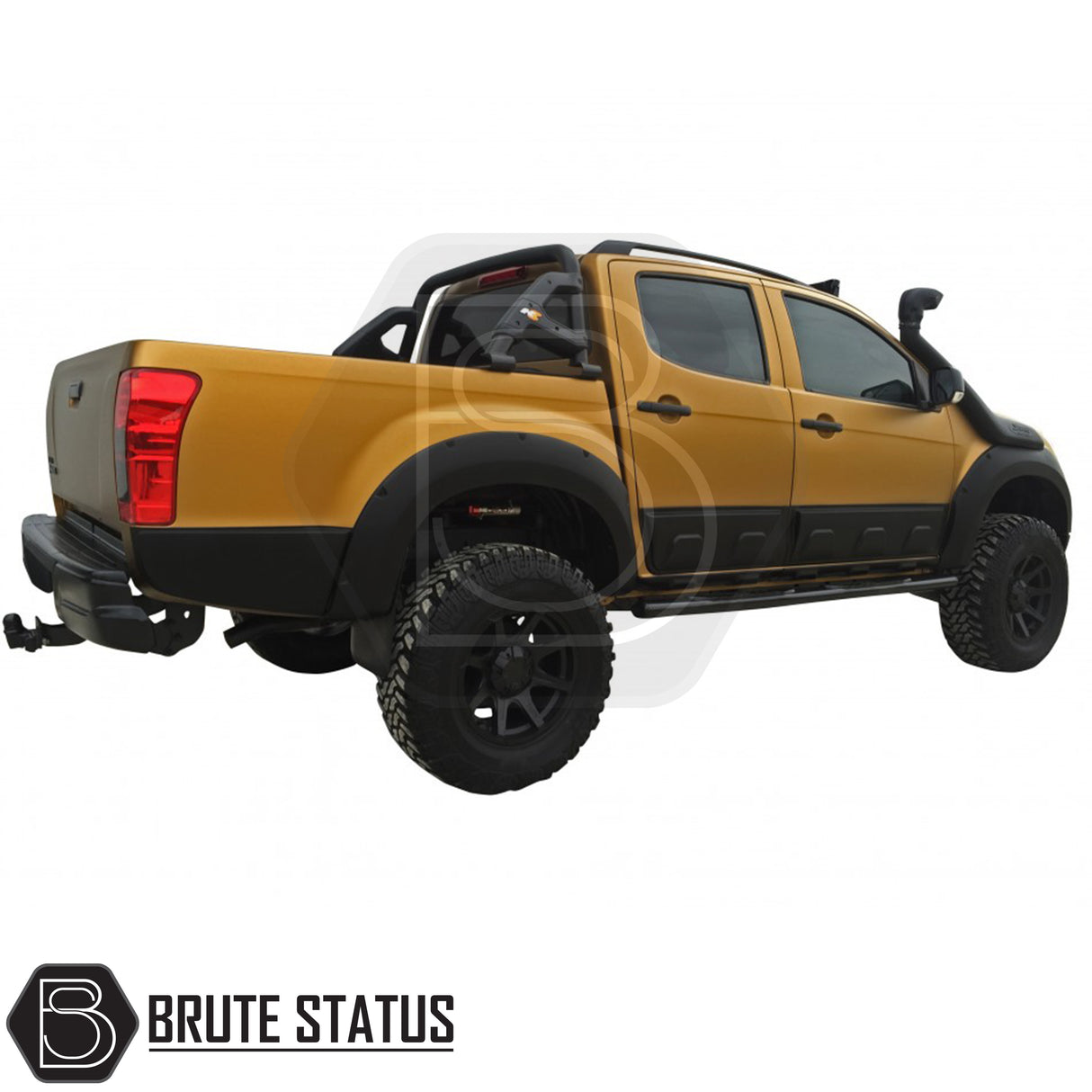 Black ABS fender flares for 2016-2019 Isuzu D-Max, enhances truck stance, reversible no-drill installation, smooth finish, suitable for double cab models, hardware included.