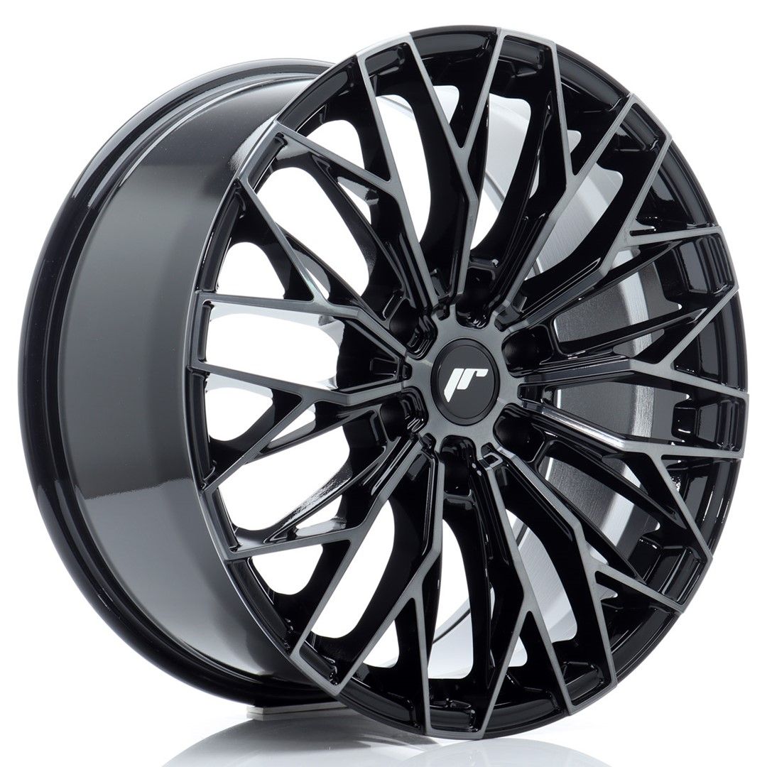JR Wheels JRX12 aftermarket alloy wheel, glossy black with multi-spoke design and machined tinted face, size 20x9, ideal for enhancing pick-up truck aesthetics.