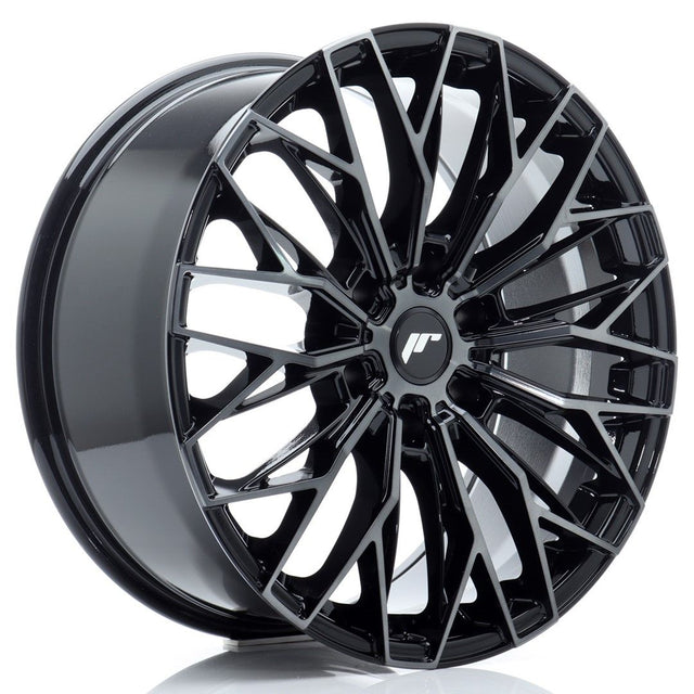 JR Wheels JRX12 aftermarket alloy wheel, glossy black with multi-spoke design and machined tinted face, size 20x9, ideal for enhancing pick-up truck aesthetics.