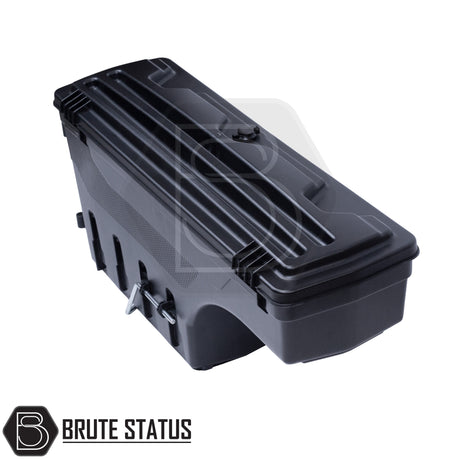 pair of heavy-duty ABS plastic wheel well lock box for Mitsubishi L200, featuring a matte black finish, weather-sealed lid, integrated lock, and swivel-out design for secure, organized truck bed storage.