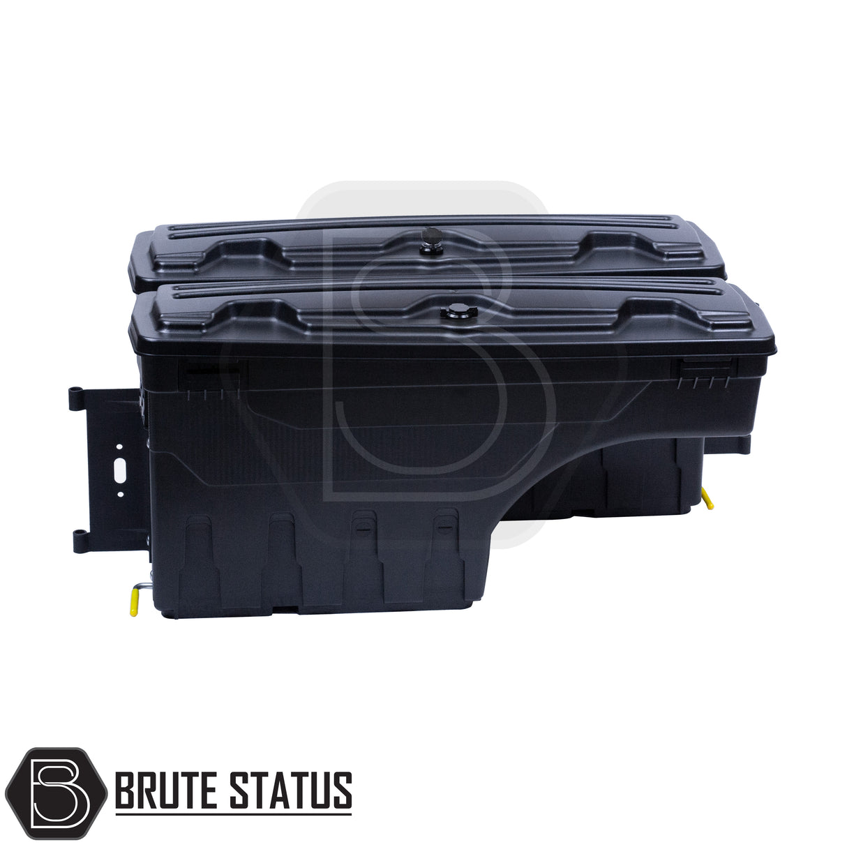 pair of heavy-duty ABS plastic wheel well lock box for Mitsubishi L200, featuring a matte black finish, weather-sealed lid, integrated lock, and swivel-out design for secure, organized truck bed storage.