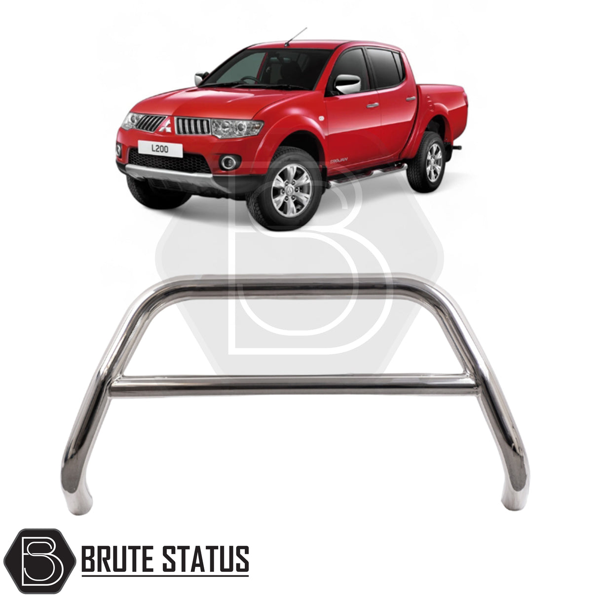 Chrome bull bar fitted to a 2006-2014 Series 4 L200, made from durable carbon steel to enhance styling and provide bumper protection, featuring a TÜV-certified, no-drill, DIY installation using chassis-mounted U-brackets.