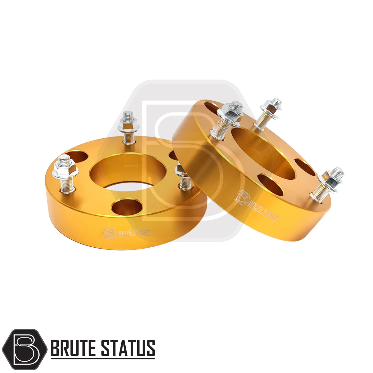 Front shock spacer lift kit for Mitsubishi L200, 32mm spacers forged from 6061-T6 aluminium with anodised finish, featuring pre-installed grade 10.9 steel studs and nuts, designed to provide approximately 2–2.5 inch suspension lift when paired with rear shackles, ready to fit.