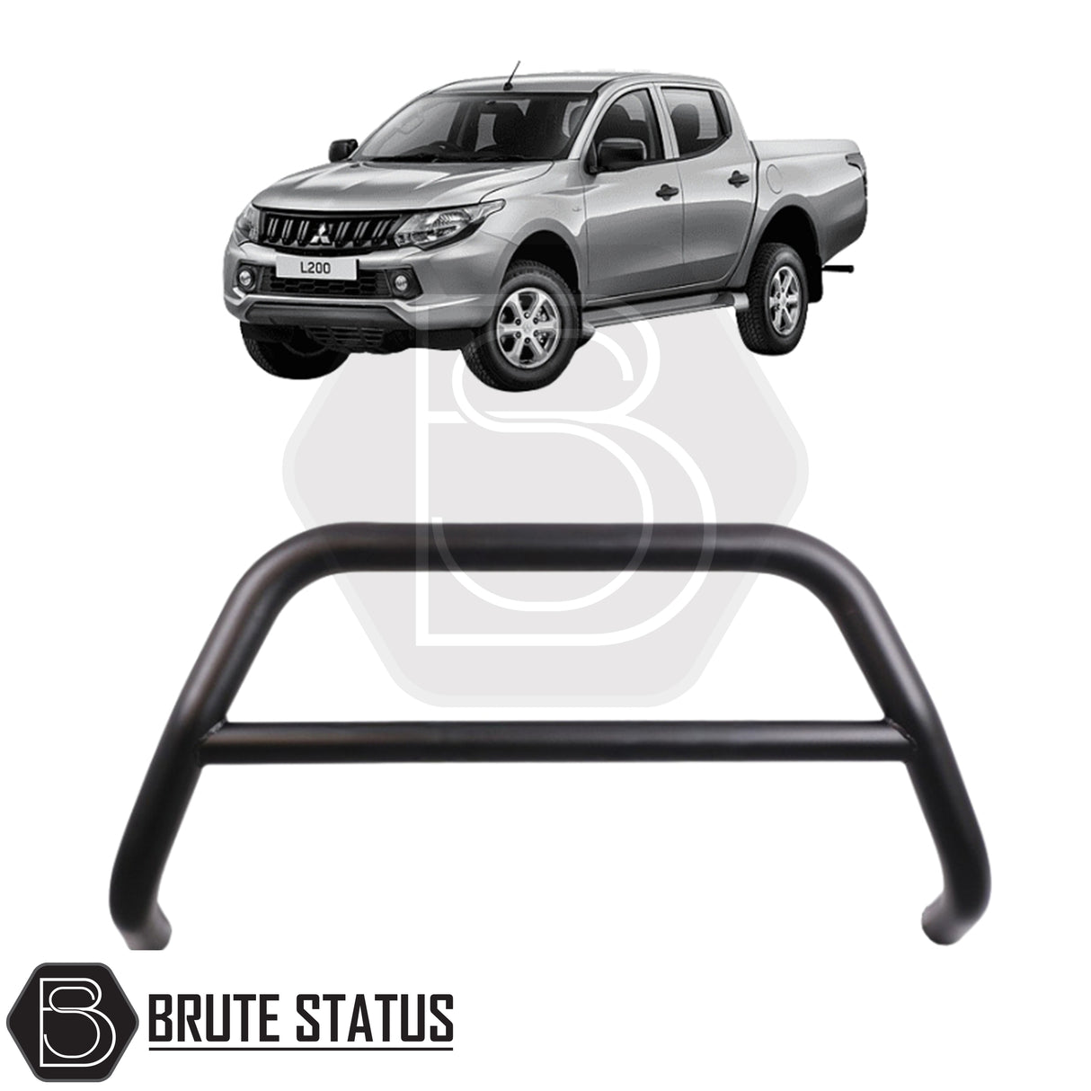 Matte black city bar fitted to a Series 5 L200, made from durable carbon steel to enhance styling and provide bumper protection, featuring a TÜV-certified, no-drill, DIY installation using chassis-mounted U-brackets.