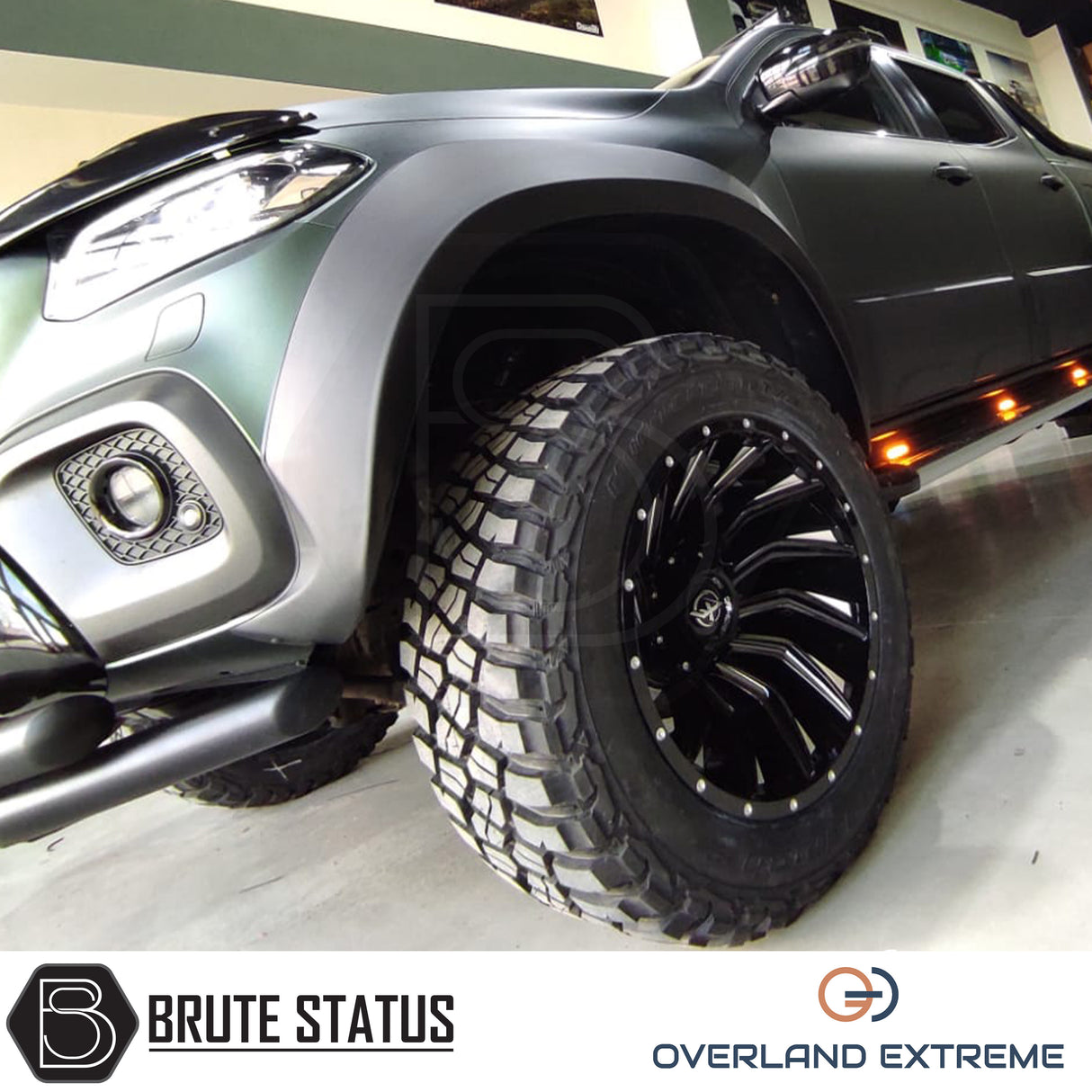 Overland Extreme wide wheel arch kit made from durable ABS plastic with a matte black finish, featuring precision CAD design for a perfect fit on double cab vehicles. Includes rubber seal interface for paint protection, easy installation with all necessary hardware, and additional width of 95mm per side. Designed to enhance vehicle appearance and durability, with optional hub-centric wheel spacers available. UV resistant to prevent fading