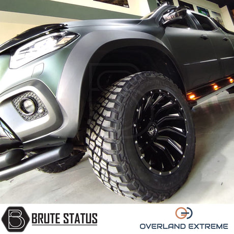 Overland Extreme wide wheel arch kit made from durable ABS plastic with a matte black finish, featuring precision CAD design for a perfect fit on double cab vehicles. Includes rubber seal interface for paint protection, easy installation with all necessary hardware, and additional width of 95mm per side. Designed to enhance vehicle appearance and durability, with optional hub-centric wheel spacers available. UV resistant to prevent fading