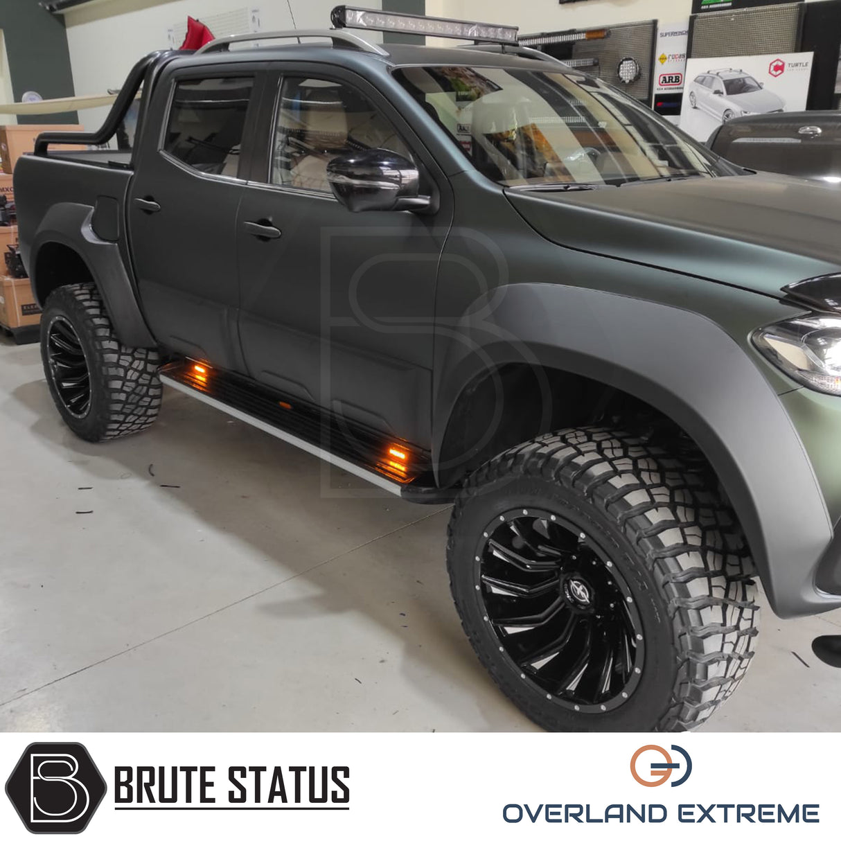 Overland Extreme wide wheel arch kit made from durable ABS plastic with a matte black finish, featuring precision CAD design for a perfect fit on double cab vehicles. Includes rubber seal interface for paint protection, easy installation with all necessary hardware, and additional width of 95mm per side. Designed to enhance vehicle appearance and durability, with optional hub-centric wheel spacers available. UV resistant to prevent fading