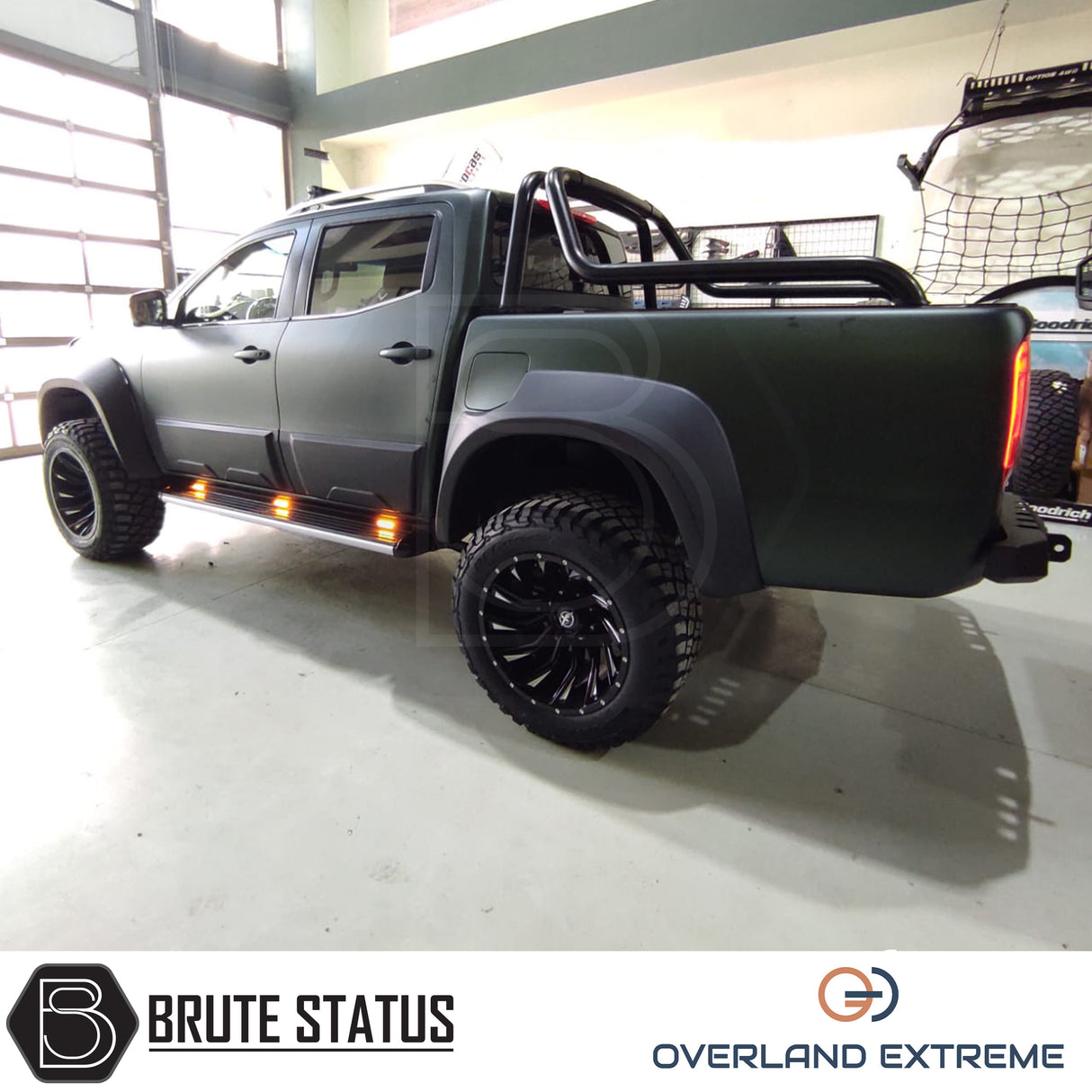 Overland Extreme wide wheel arch kit made from durable ABS plastic with a matte black finish, featuring precision CAD design for a perfect fit on double cab vehicles. Includes rubber seal interface for paint protection, easy installation with all necessary hardware, and additional width of 95mm per side. Designed to enhance vehicle appearance and durability, with optional hub-centric wheel spacers available. UV resistant to prevent fading