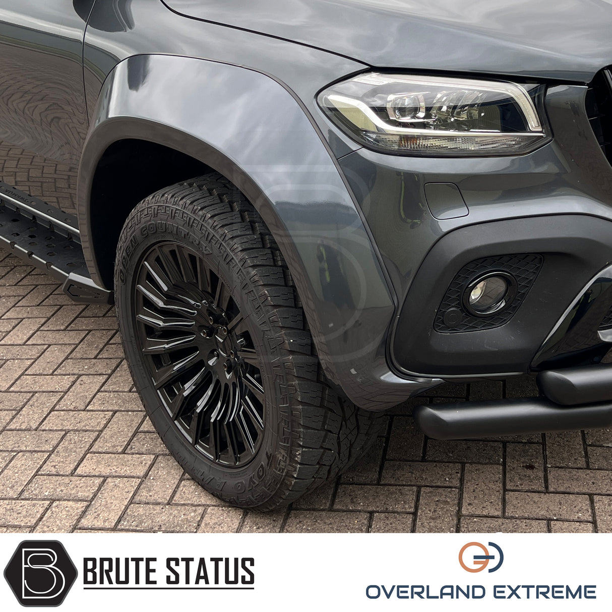 Overland Extreme wide wheel arch kit made from durable ABS plastic with a matte black finish, featuring precision CAD design for a perfect fit on double cab vehicles. Includes rubber seal interface for paint protection, easy installation with all necessary hardware, and additional width of 95mm per side. Designed to enhance vehicle appearance and durability, with optional hub-centric wheel spacers available. UV resistant to prevent fading