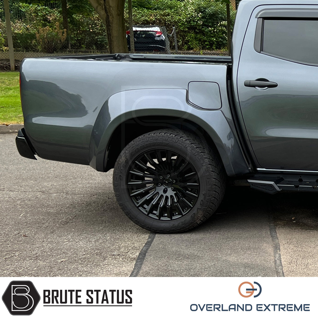 Overland Extreme wide wheel arch kit made from durable ABS plastic with a matte black finish, featuring precision CAD design for a perfect fit on double cab vehicles. Includes rubber seal interface for paint protection, easy installation with all necessary hardware, and additional width of 95mm per side. Designed to enhance vehicle appearance and durability, with optional hub-centric wheel spacers available. UV resistant to prevent fading