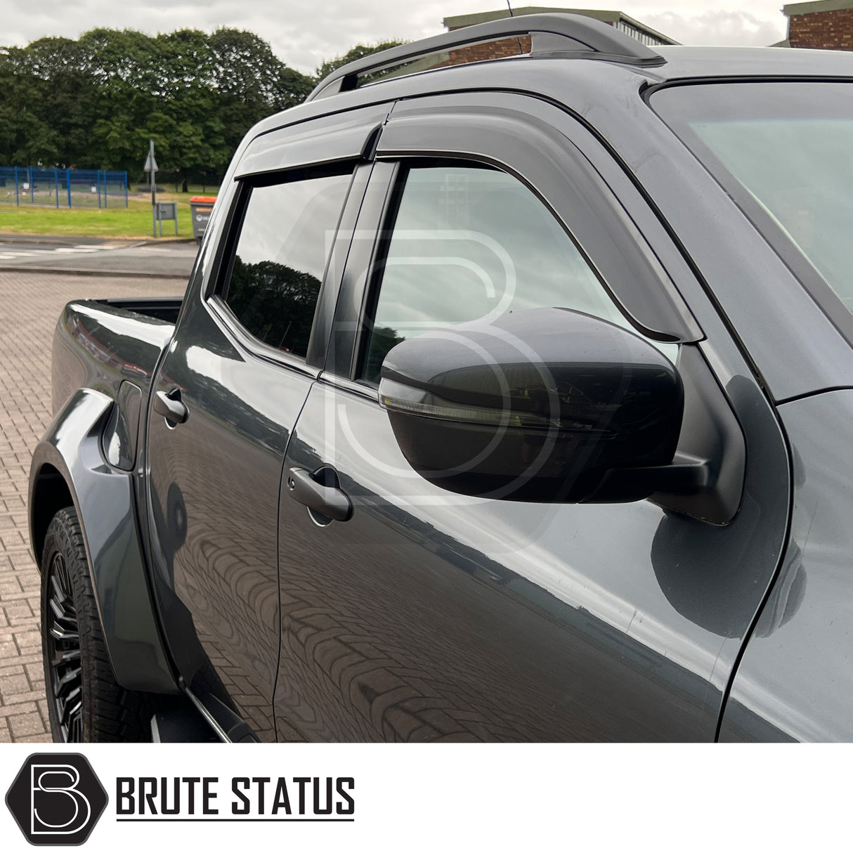 Black plastic window wind deflector visors for the mercedes x-class pickup truck in a gloss black finish