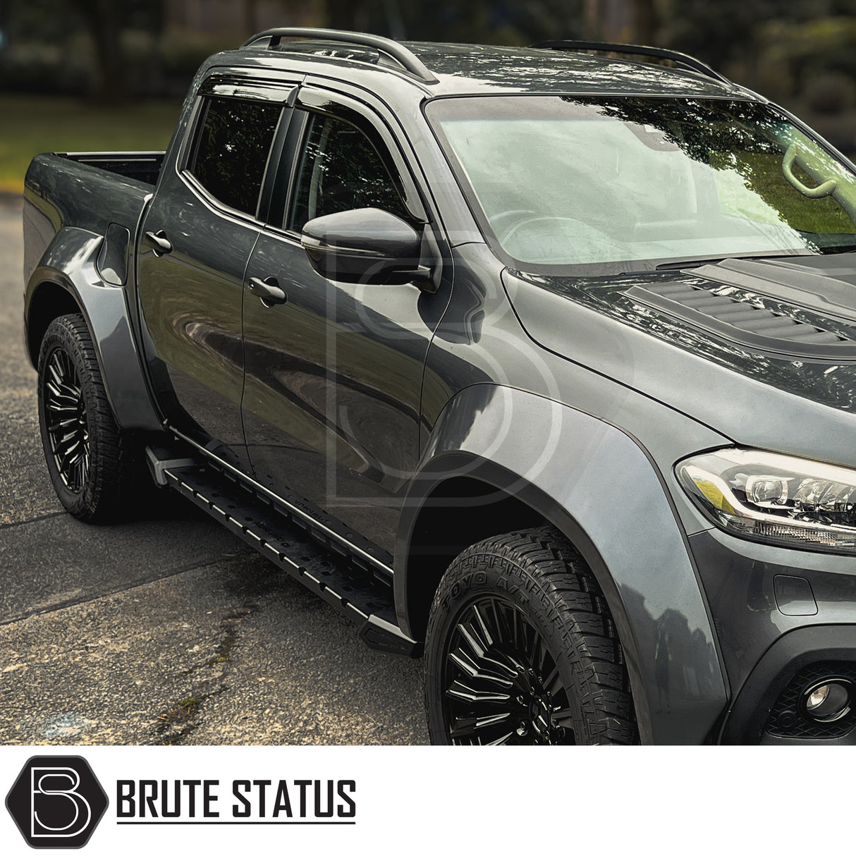 Black plastic window wind deflector visors for the mercedes x-class pickup truck in a gloss black finish