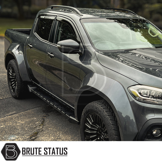Black plastic window wind deflector visors for the mercedes x-class pickup truck in a gloss black finish