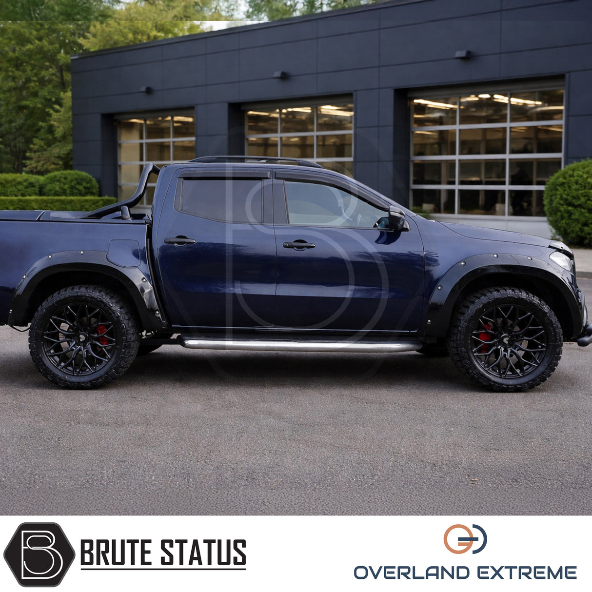 Mercedes X-Class wheel arch extension set featuring Overland Extreme styling, cosmetic rivets and protective rubber seal edging.